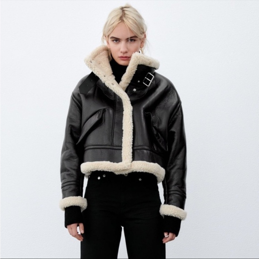 Zara leather Sherpa lined jacket size small